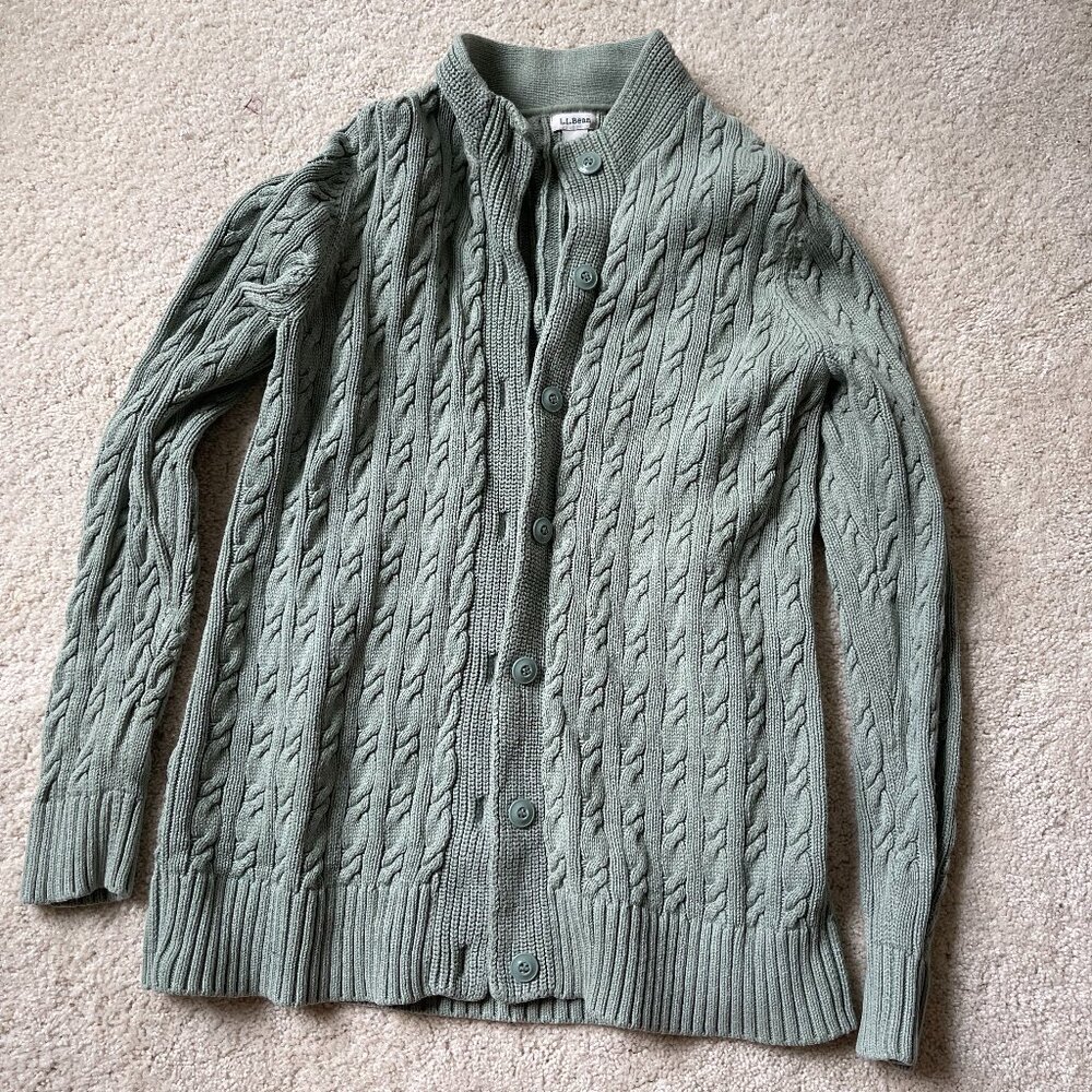 LL Bean Sage Green Cable Knit Cottagecore Sweater 100% Cotton Size xs